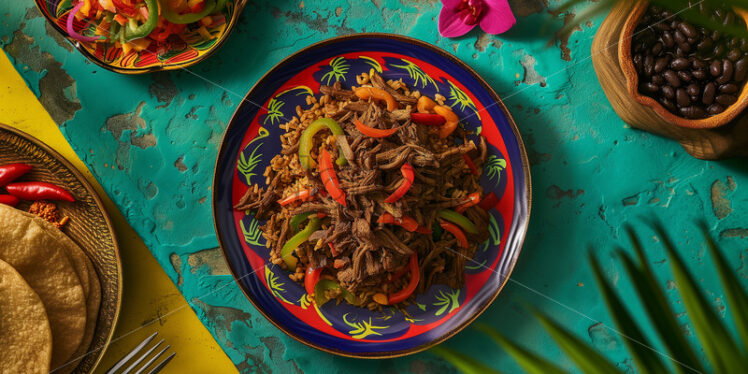 Cuban Ropa Vieja on a plate with rice - Starpik Stock