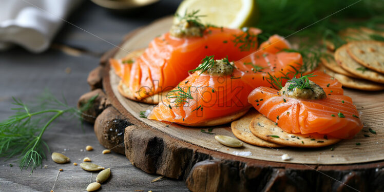 Cured salmon with mustard sauce on a wooden platter  - Starpik Stock