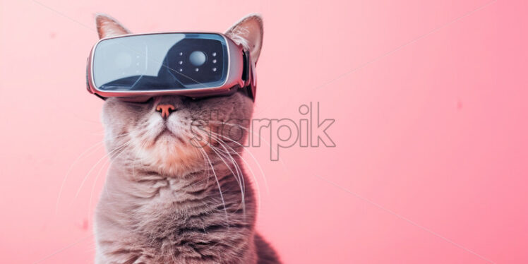 Cute British cat wearing VR glasses, on pink isolate background - Starpik Stock