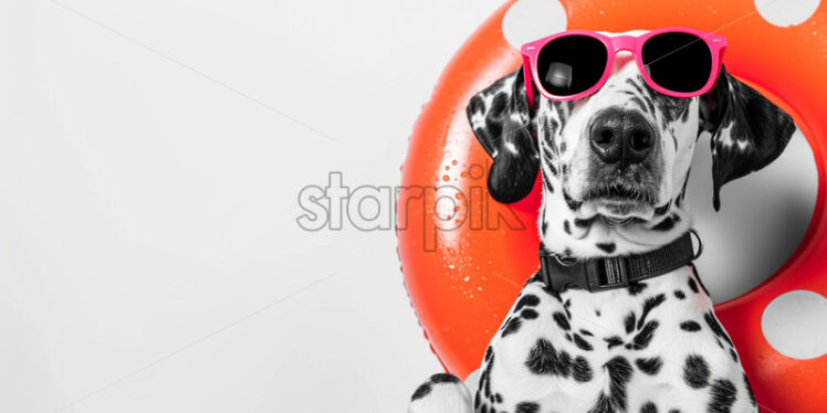 Cute dalmatian dog wearing neon sunglasses and an swimming circle on a white background - Starpik Stock