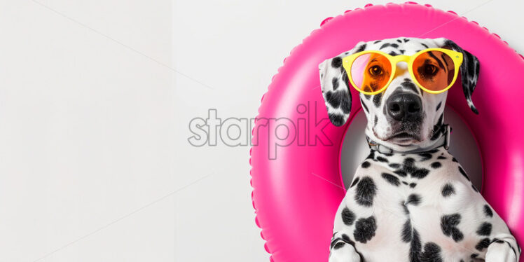 Cute dalmatian dog wearing neon sunglasses and an swimming circle on a white background - Starpik Stock