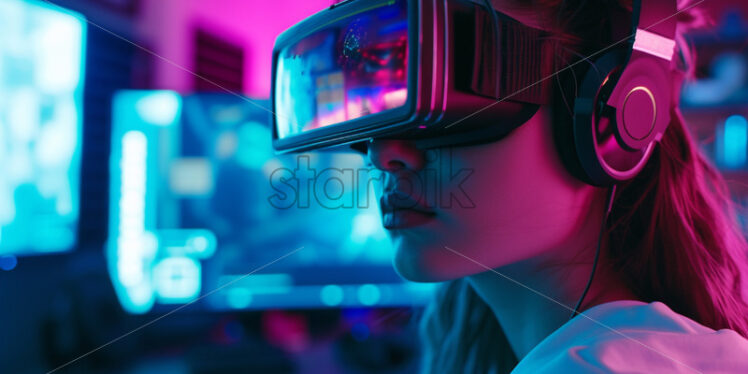 Cute girl with VR glasses, streamer’s workplace - Starpik Stock