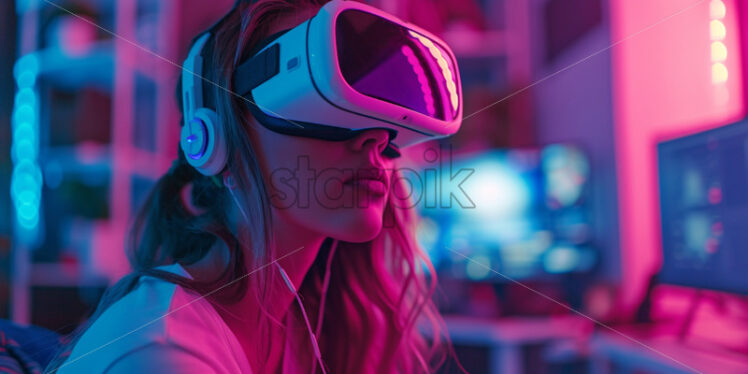 Cute girl with VR glasses, streamer’s workplace - Starpik Stock