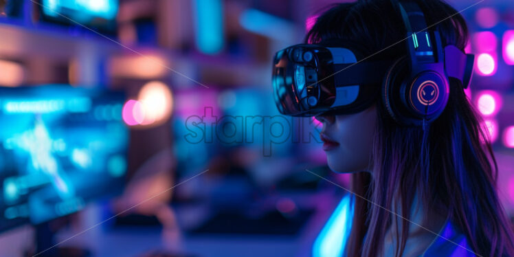 Cute girl with VR glasses, streamer’s workplace - Starpik Stock