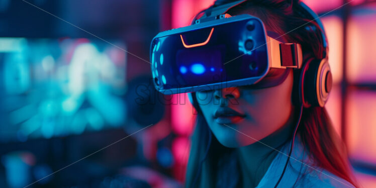 Cute girl with VR glasses, streamer’s workplace - Starpik Stock