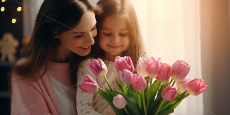 Daughter congratulates her mother and gives her a bouquet of tulips - Starpik Stock