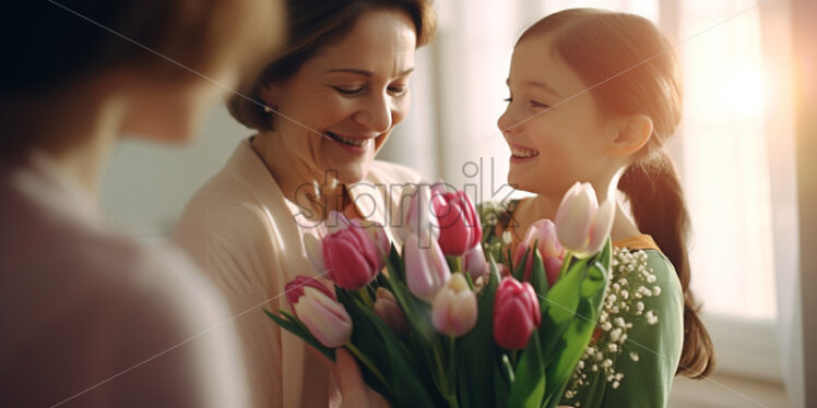 Daughter congratulates her mother and gives her a bouquet of tulips - Starpik Stock