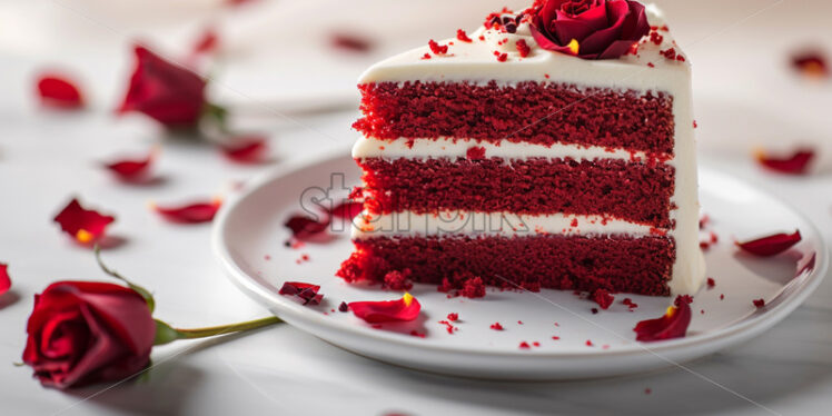 Delicate red velvet cake slices topped with cream cheese frosting and edible rose petals against on white isolate background - Starpik Stock