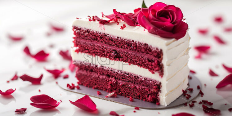 Delicate red velvet cake slices topped with cream cheese frosting and edible rose petals against on white isolate background - Starpik Stock