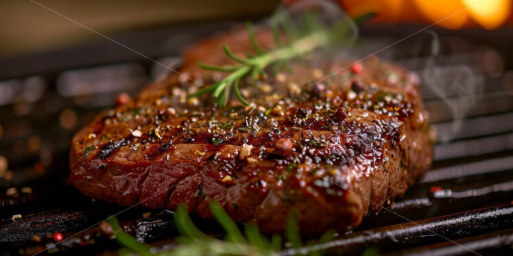 Delicious Steak on a grill with herbs cooking - Starpik Stock