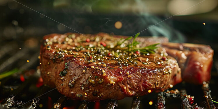 Delicious Steak on a grill with herbs cooking - Starpik Stock