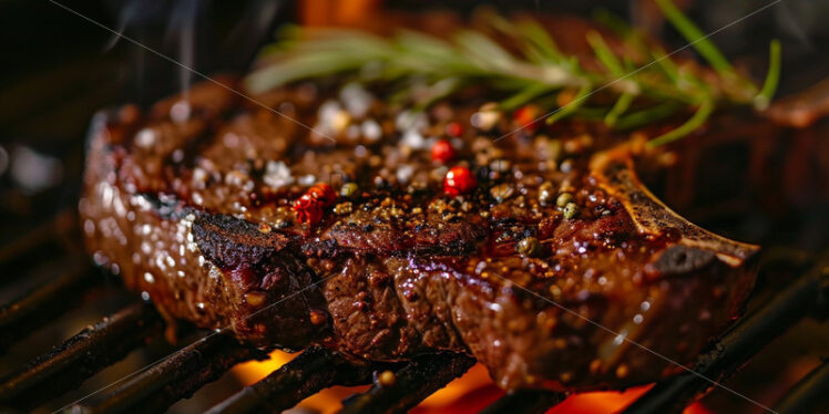 Delicious Steak on a grill with herbs cooking - Starpik Stock