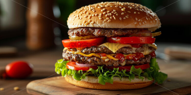 Delicious double burger on a wooden table - Starpik Stock