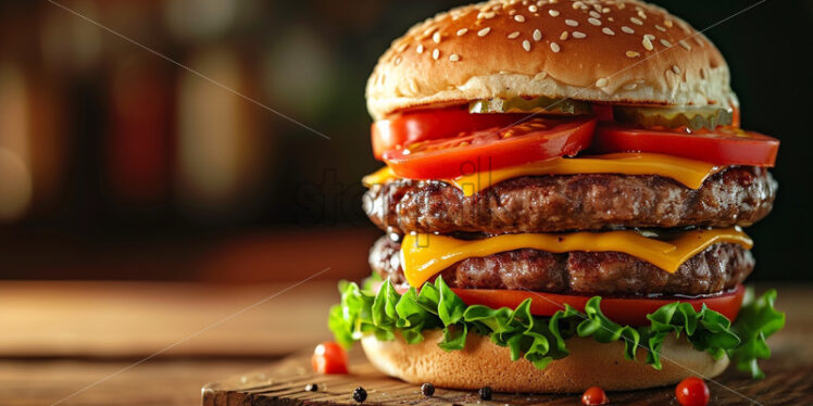 Delicious double burger on a wooden table - Starpik Stock