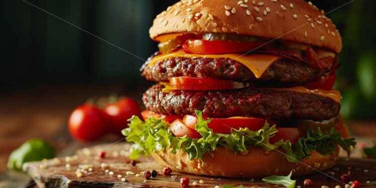 Delicious double burger on a wooden table - Starpik Stock