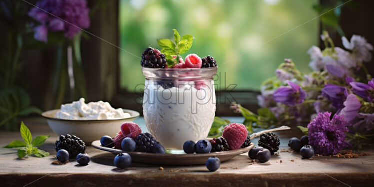 Delicious yogurt with forest berries, on an antique table - Starpik Stock