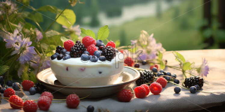 Delicious yogurt with forest berries, on an antique table - Starpik Stock