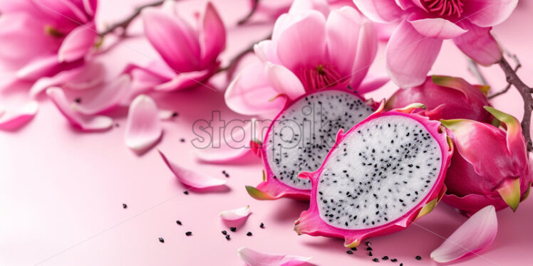 Dragon fruit and pink magnolia flowers, on isolate light pink background - Starpik Stock