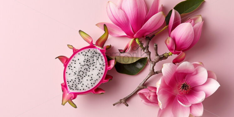 Dragon fruit and pink magnolia flowers, on isolate light pink background - Starpik Stock