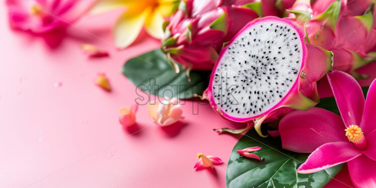 Dragon fruit with tropical blossoms in a mix on pink background - Starpik Stock