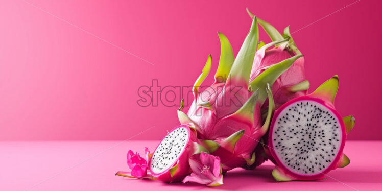 Dragon fruit with tropical blossoms in a mix on pink background - Starpik Stock