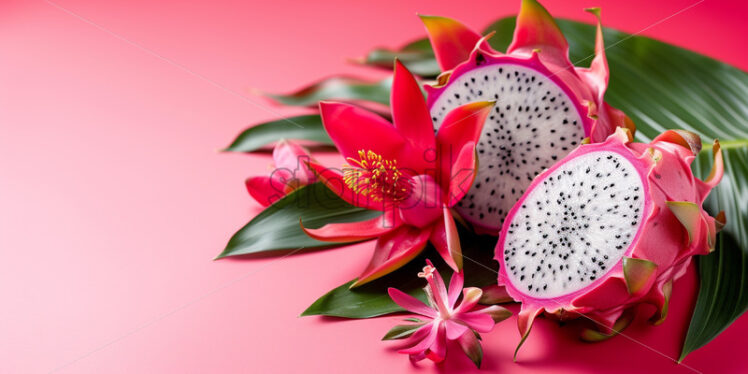 Dragon fruit with tropical blossoms in a mix on pink background - Starpik Stock