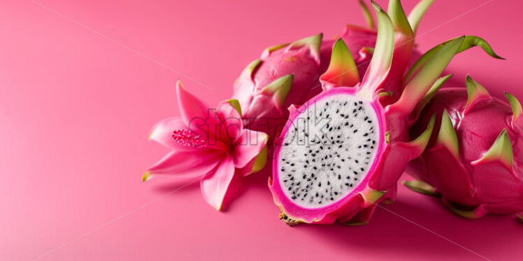 Dragon fruit with tropical blossoms in a mix on pink background - Starpik Stock