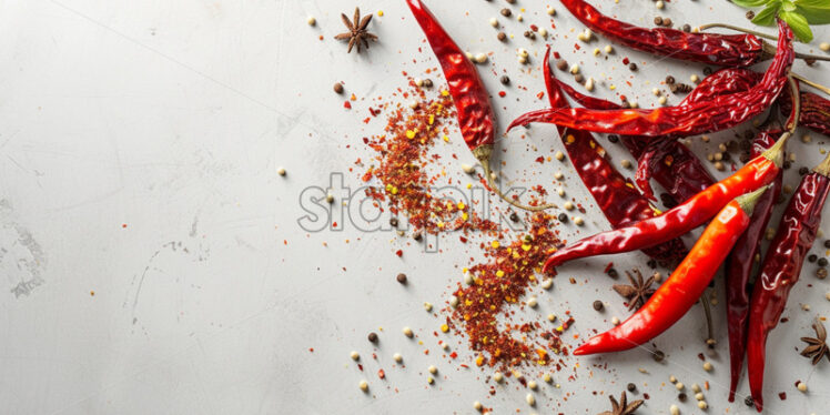 Dried chili peppers and cumin seeds on a white stone surface - Starpik Stock