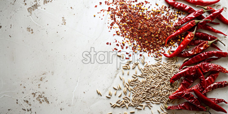 Dried chili peppers and cumin seeds on a white stone surface - Starpik Stock