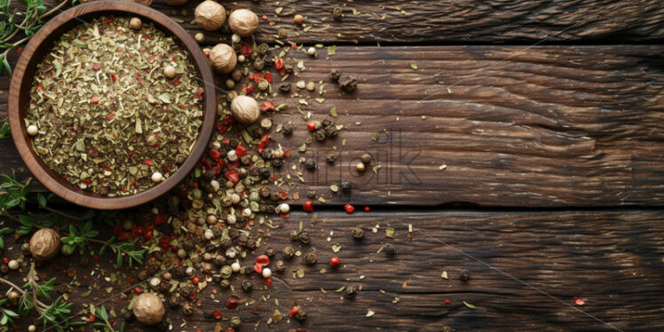 Dried oregano flakes and whole peppercorns on a wood surface - Starpik Stock