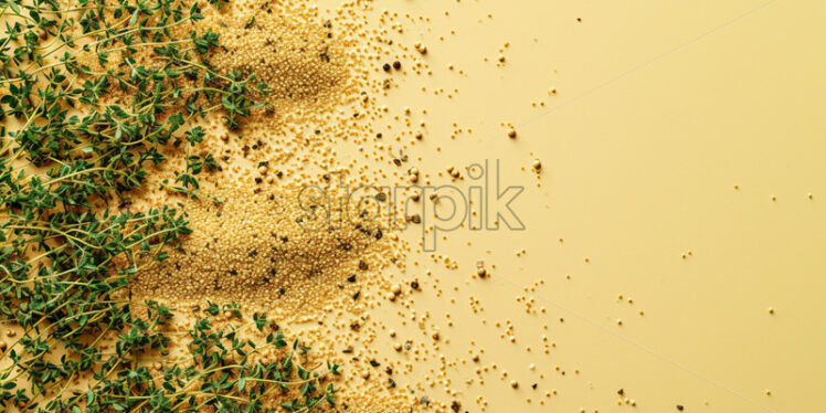 Dried thyme leaves and mustard powder,  on yellow background - Starpik Stock