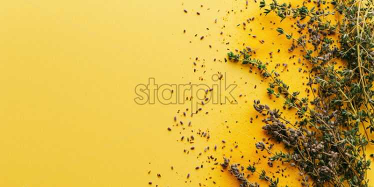 Dried thyme leaves and mustard powder,  on yellow background - Starpik Stock