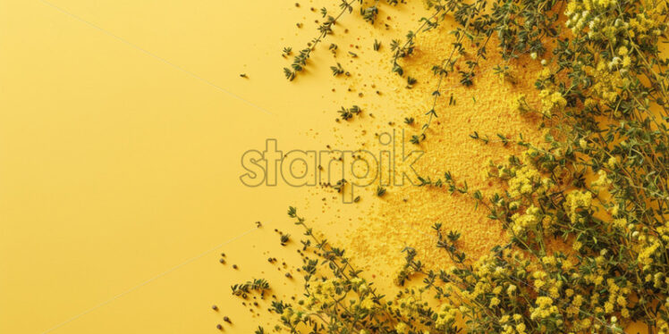 Dried thyme leaves and mustard powder,  on yellow background - Starpik Stock