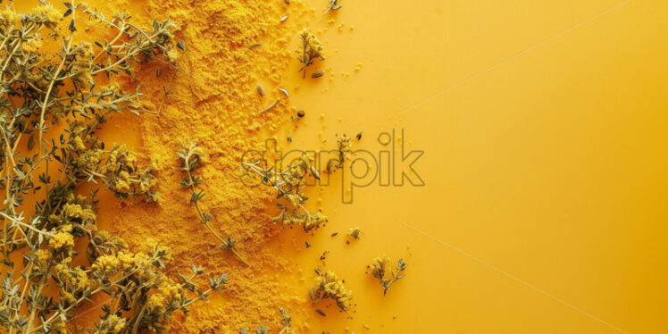Dried thyme leaves and mustard powder,  on yellow background - Starpik Stock