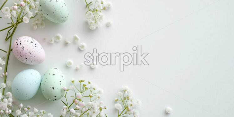 Easter eggs and spring flowers, light green colors, on a white background - Starpik Stock