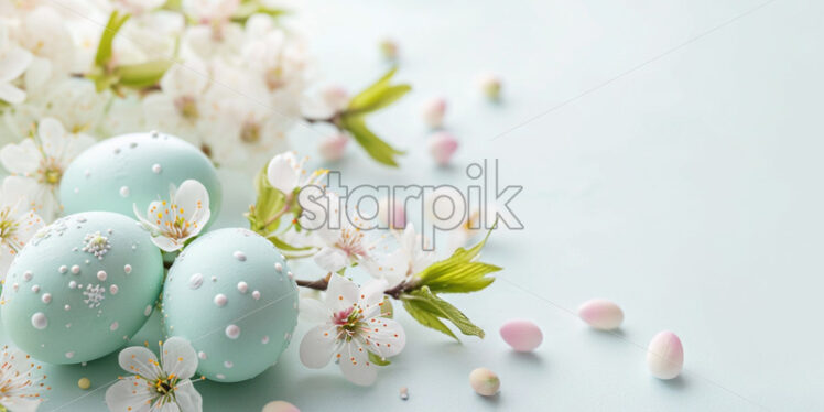 Easter eggs and spring flowers, light green colors, on a white background - Starpik Stock