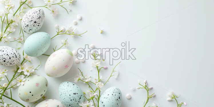 Easter eggs and spring flowers, light green colors, on a white background - Starpik Stock