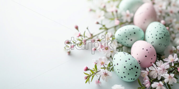 Easter eggs and spring flowers, light green colors, on a white background - Starpik Stock