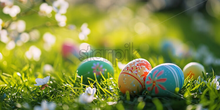 Easter postcard with colorful easter eggs and spring blossoms scattered on a grassy lawn - Starpik Stock