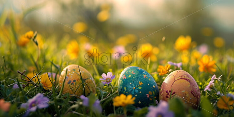 Easter postcard with colorful easter eggs and spring blossoms scattered on a grassy lawn - Starpik Stock