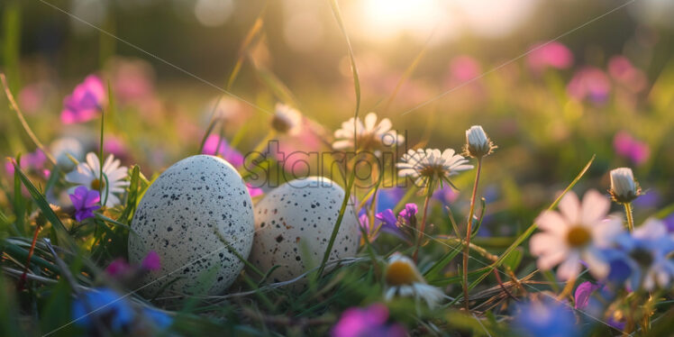 Easter postcard with colorful easter eggs and spring blossoms scattered on a grassy lawn - Starpik Stock