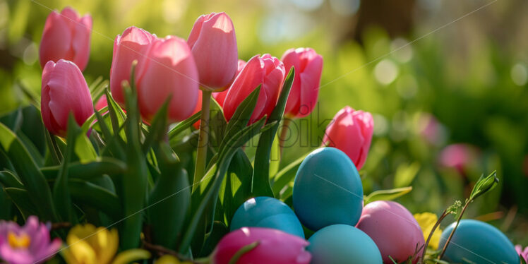 Easter postcard with colorful easter eggs nestled among blooming spring tulips - Starpik Stock