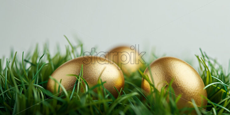 Easter postcard with golden eggs nestled in green grass  - Starpik Stock