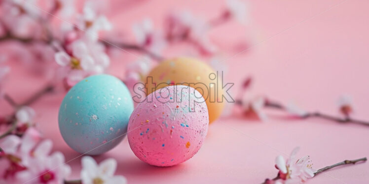  Easter postcard with painted pastel eggs on a pink background - Starpik Stock