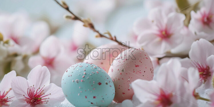 Easter postcard with pastel-colored easter eggs surrounded by cherry blossoms - Starpik Stock