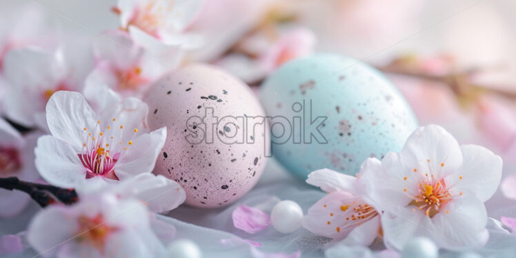 Easter postcard with pastel-colored easter eggs surrounded by cherry blossoms - Starpik Stock