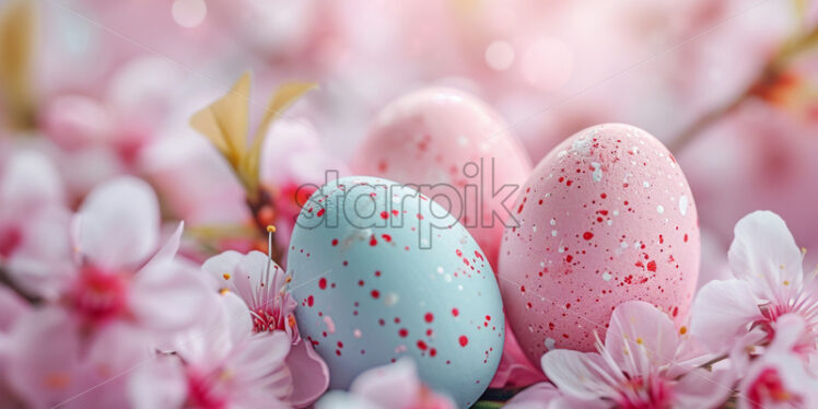 Easter postcard with pastel-colored easter eggs surrounded by cherry blossoms - Starpik Stock