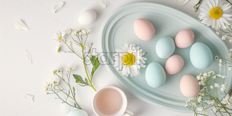 Easter postcard with pastel eggs on a vintage tray with teacups and daisies on white background - Starpik Stock