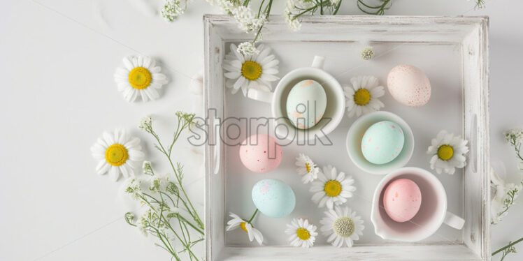 Easter postcard with pastel eggs on a vintage tray with teacups and daisies on white background - Starpik Stock