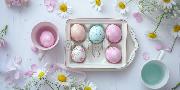 Easter postcard with pastel eggs on a vintage tray with teacups and daisies on white background - Starpik Stock